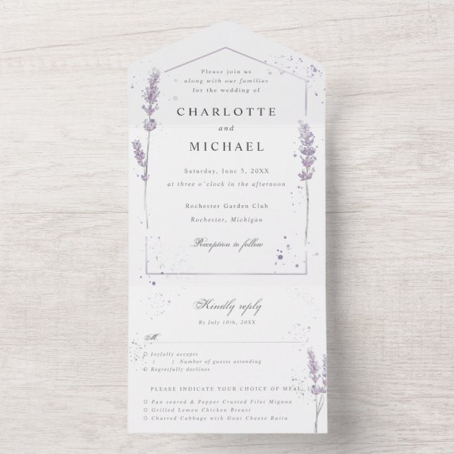 watercolor lavender rsvp attached wedding all in one invitation (Inside)