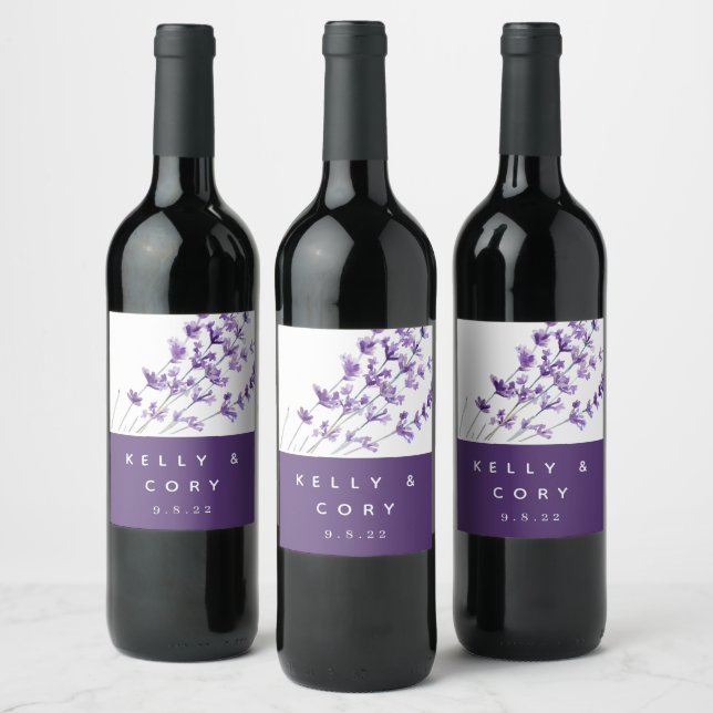 Watercolor Lavender Wedding Wine Labels (Bottles)
