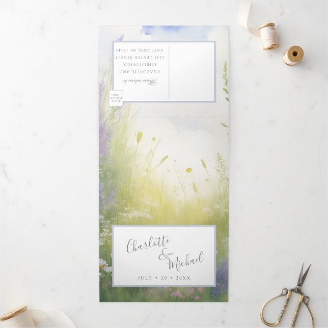 watercolor lavender wildflower meadow and landscap Tri-Fold invitation (Outside)