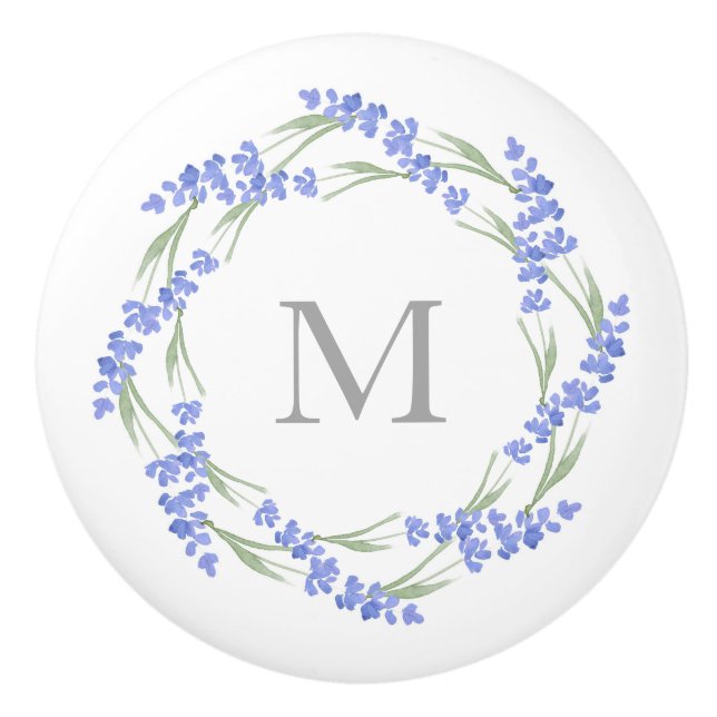 Watercolor Lavender Wreath  Ceramic Knob (Front)