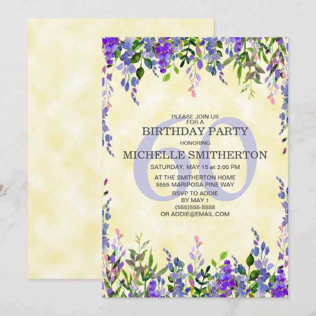 Watercolor Lavender Yellow 60th Birthday Party Invitation (Front/Back)