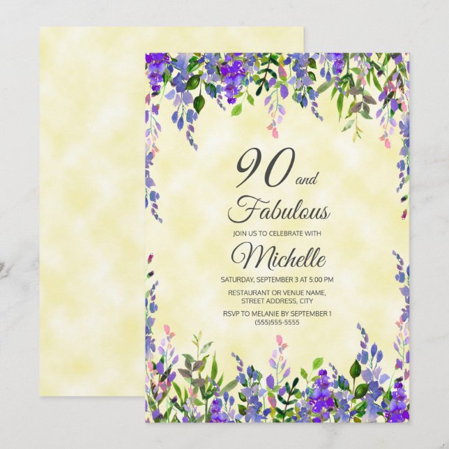Watercolor Lavender Yellow 90 & Fabulous Birthday Invitation (Front/Back)