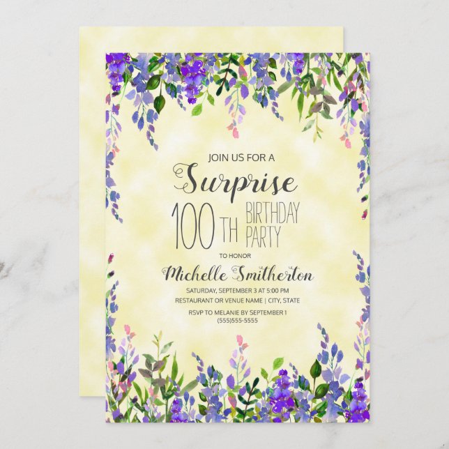 Watercolor Lavender Yellow Surprise 100th Birthday Invitation (Front/Back)
