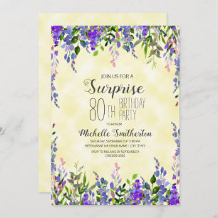 Watercolor Lavender Yellow Surprise 80th Birthday Invitation
