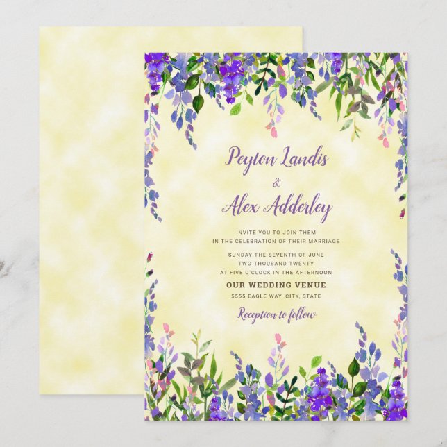 Watercolor Lavender Yellow Wedding Invitation (Front/Back)