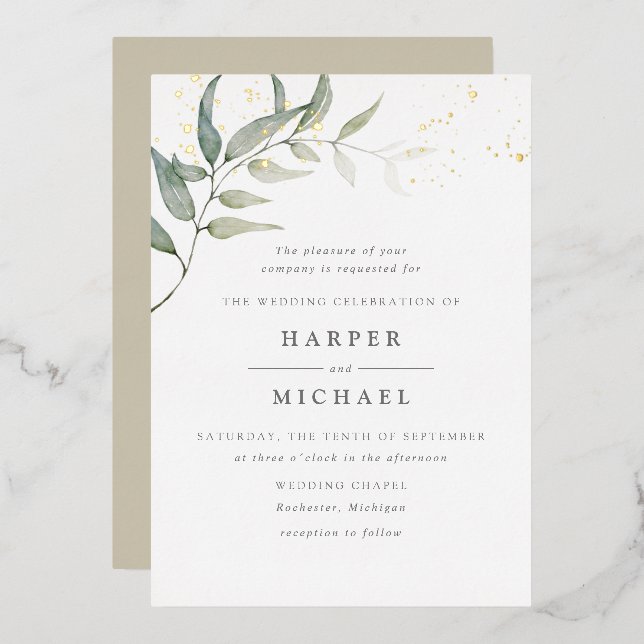 Watercolor leaf gold shimmer wedding (Front/Back)