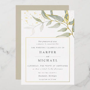 Watercolor leaf gold shimmer wedding foil invitati