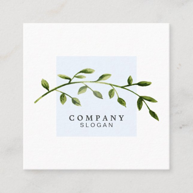 Watercolor Leaf Pastel Blue Square Business Card (Front)