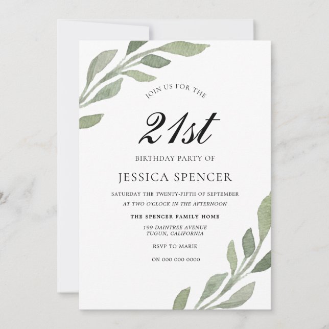 Watercolor Leaf Womans mens 21st Birthday Invite (Front)