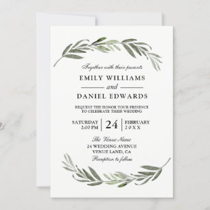 Watercolor Leaf Wreath Elegant Wedding Invite