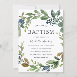 Watercolor Leaf Wreath Modern Baptism Christening Invitation