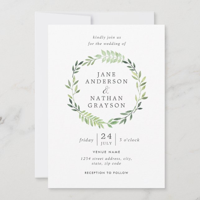 Watercolor Leaf Wreath Wedding Invitation (Front)