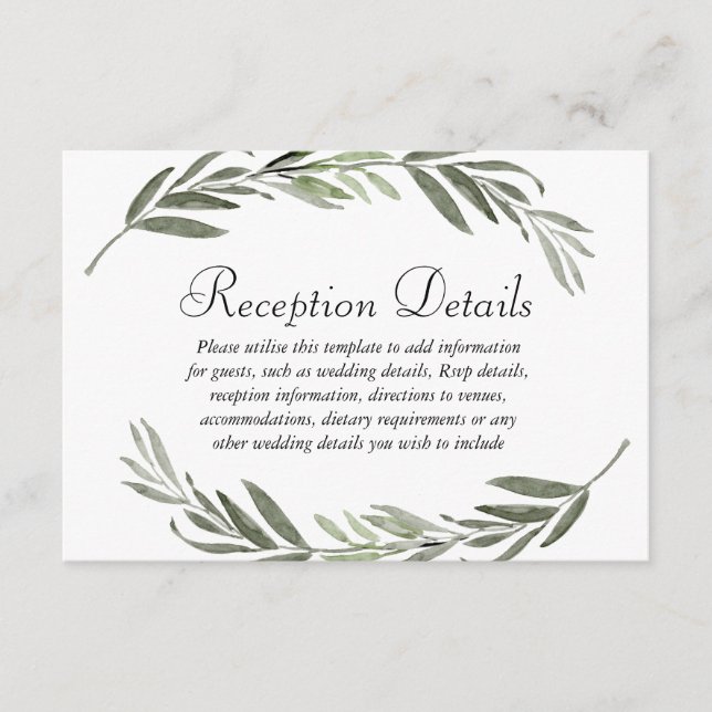 Watercolor leaf Wreath Wedding Reception details Enclosure Card (Front)