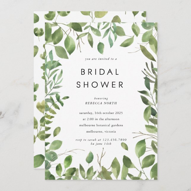 Watercolor Leafy Border Frame Bridal Shower Invitation (Front/Back)