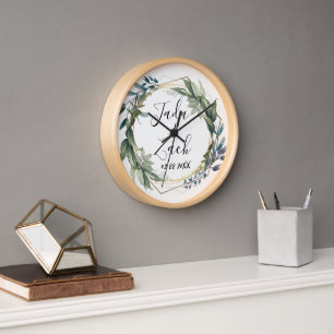 Watercolor Leafy Botanical Wreath Wedding Clock