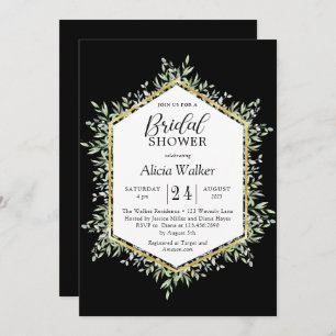 Watercolor leafy golden frame bridal shower invitation