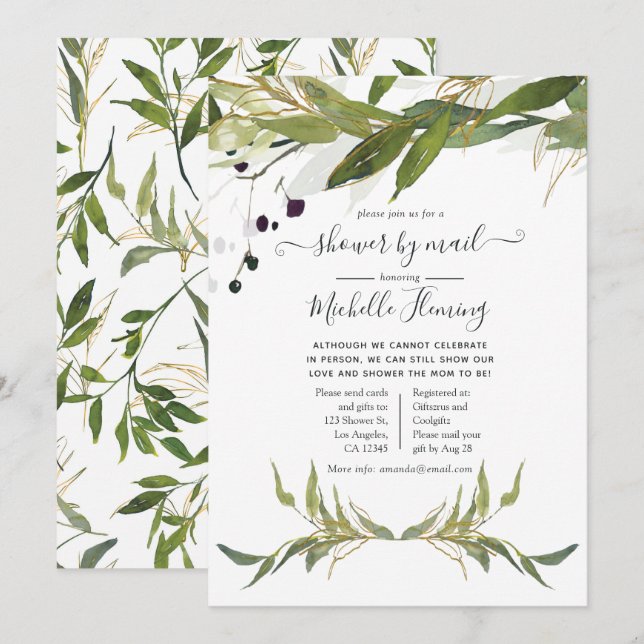 Watercolor Leafy Greenery Baby Shower by Mail Invitation (Front/Back)