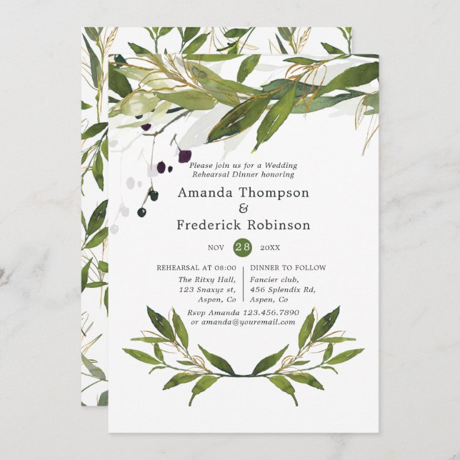 Watercolor Leafy Greenery Wedding Rehearsal Dinner Invitation (Front/Back)