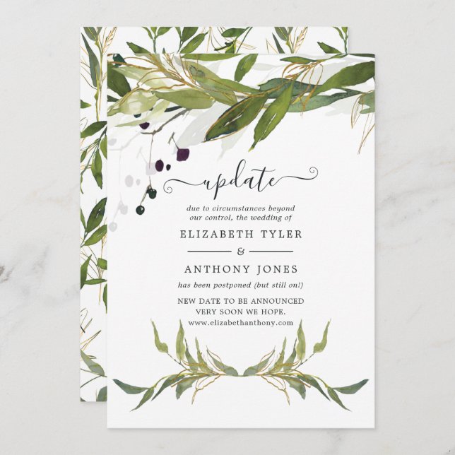 Watercolor Leafy Greenery Wedding Update Invitation (Front/Back)
