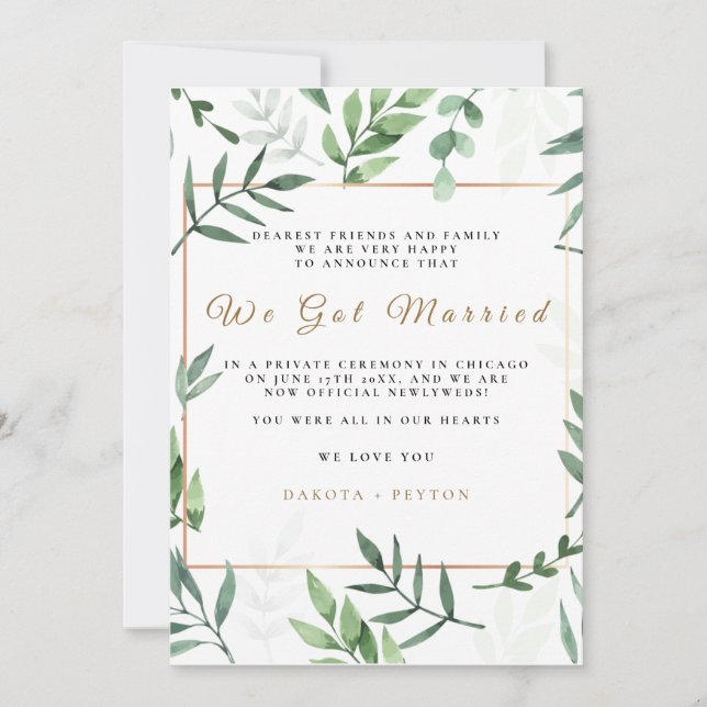 Watercolor Leaves 10a Wedding Elopement Card (Front)