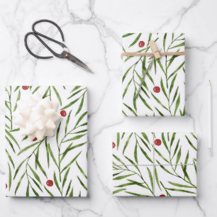 Watercolor Leaves and Berries Winter   Wrapping Paper Sheet