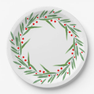 Watercolor Leaves and Berries Wreath Paper Plate
