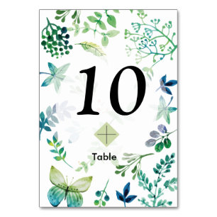 Watercolor Leaves and Butterflies Jungle Table Number