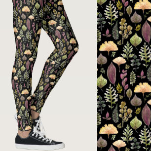 Watercolor leaves and ferns autumn forest black leggings