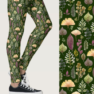 Watercolor leaves and ferns autumn forest green leggings