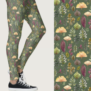 Watercolor leaves and ferns autumn sage green leggings