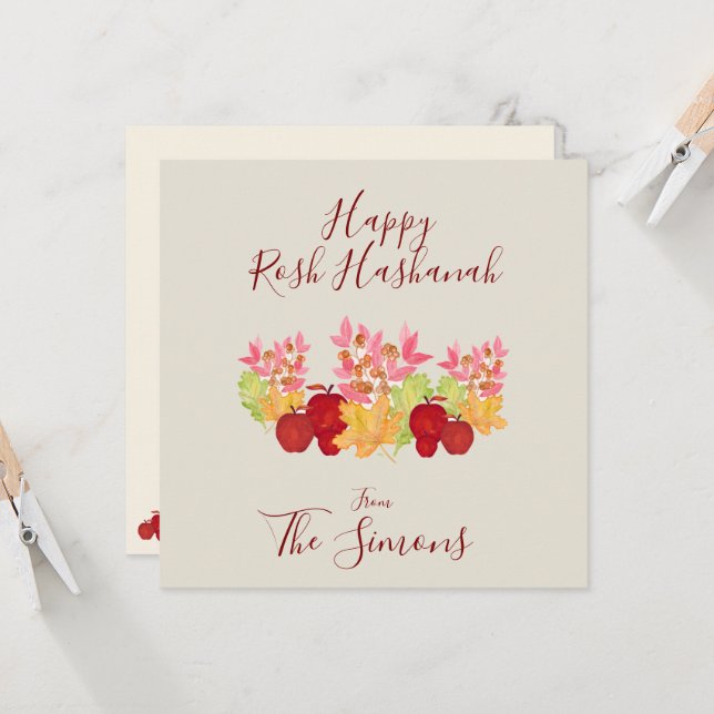 Watercolor Leaves Apples Rosh Hashanah FLAT Card (Front/Back In Situ)
