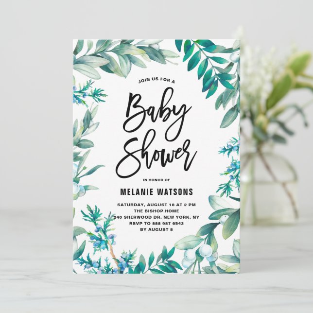 Watercolor Leaves & Berries Wreath Baby Shower Invitation (Standing Front)