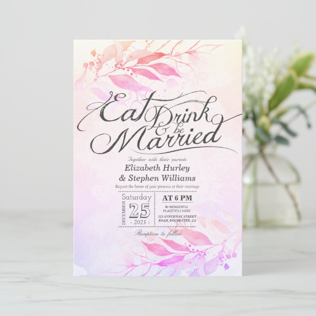 Watercolor Leaves EAT Drink & Be Married Wedding I Invitation (Standing Front)