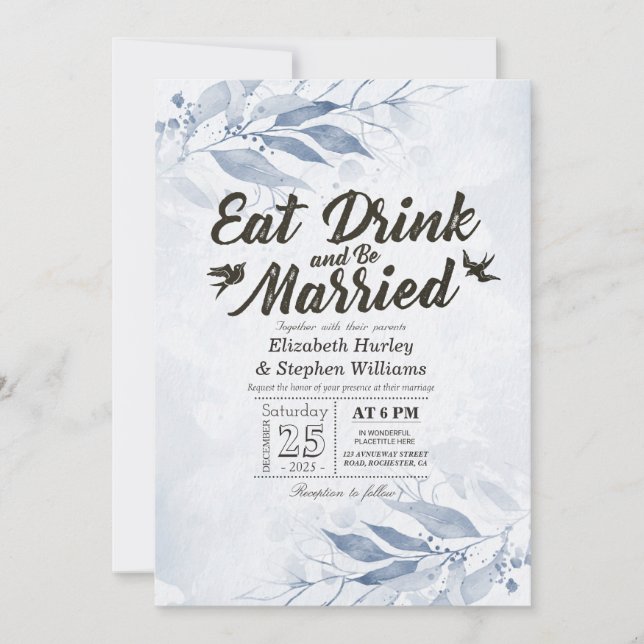 Watercolor Leaves EAT Drink & Be Married Wedding Invitation (Front)