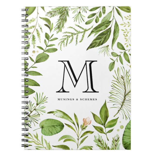 Watercolor Leaves Floral Frame Monogram Notebook (Front)