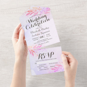 Watercolor Leaves Flowers Botanical Wedding RSVP All In One Invitation