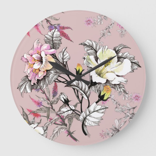 Watercolor Leaves Flowers Pink Pattern Large Clock (Front)
