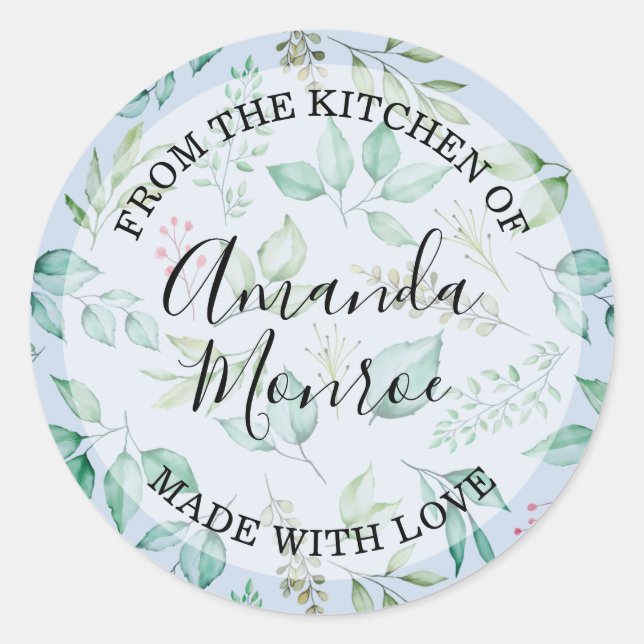 Watercolor Leaves FROM THE KITCHEN Classic Round Sticker (Front)