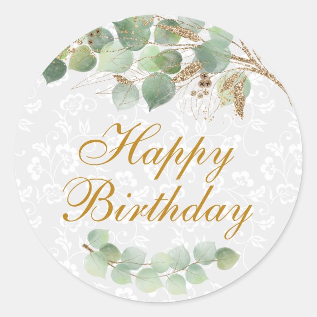 Watercolor Leaves Gold Foil Glitter Birthday Classic Round Sticker (Front)