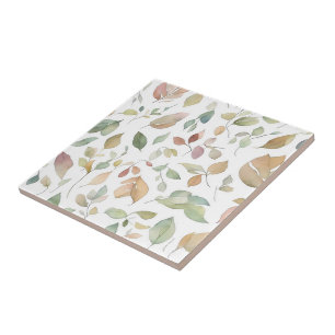 Watercolor Leaves Green Earth Tones Tile