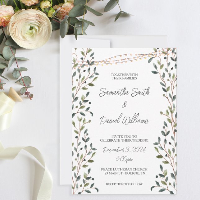 Watercolor Leaves Greenery Wedding Invitation (Pretty greenery and fairy lights decorate these wedding invitations.)