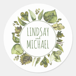 Watercolor Leaves Laurel - Greenery Wreath Wedding Classic Round Sticker