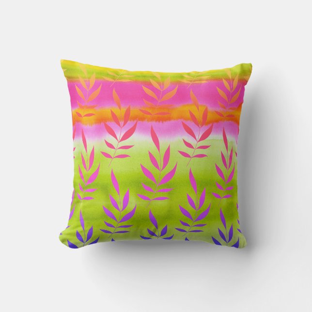 Watercolor Leaves Lime Orange Reversible Throw Pillow (Front)