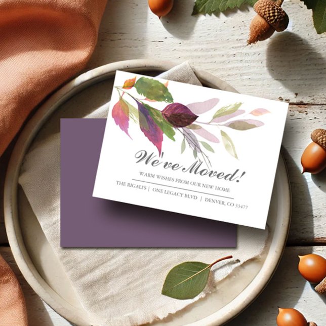 Watercolor Leaves New Home Moving Announcement (Small moving announcement cards feature fall leaves in shades of purple, green and orange.)