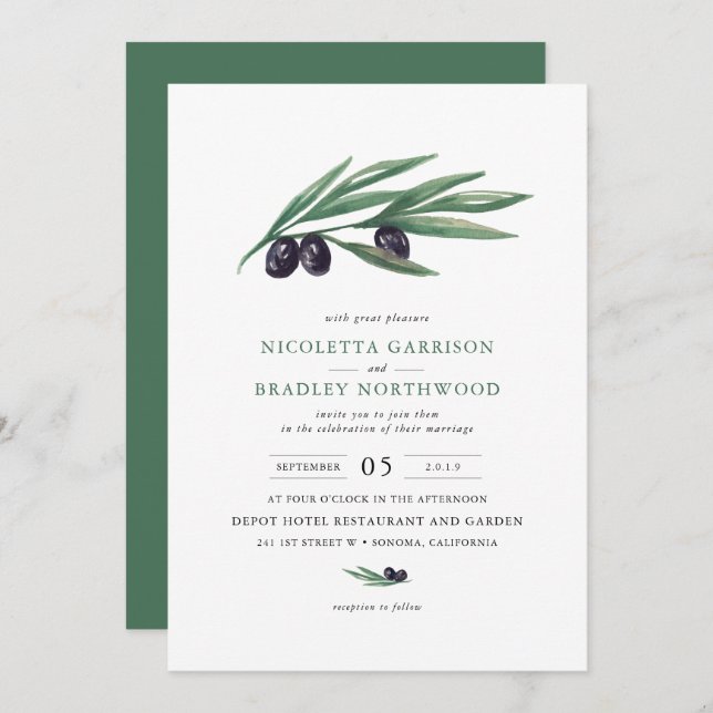 Watercolor Leaves Olive Orchard Wedding Invitation (Front/Back)
