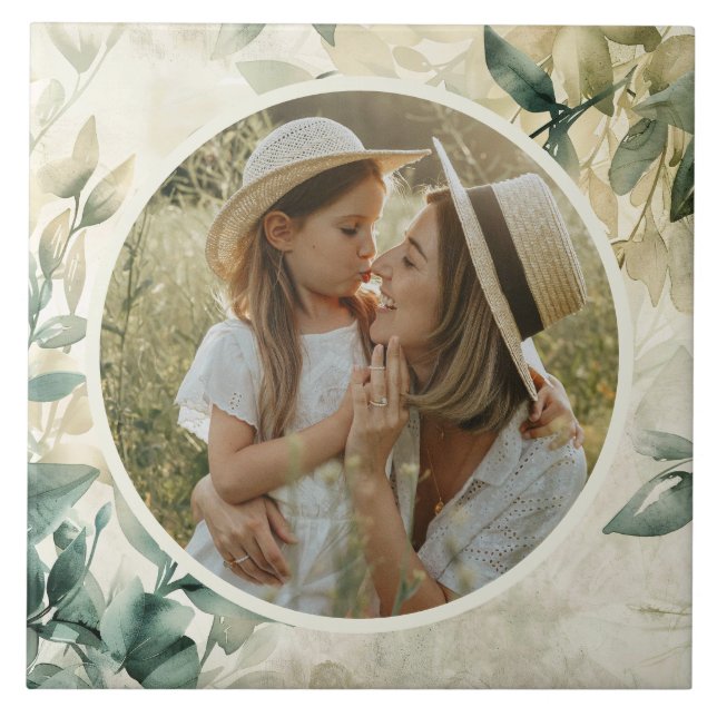 Watercolor Leaves Pattern Personalized Photo Tile (Front)