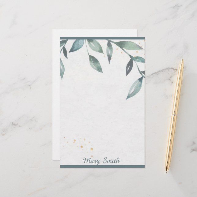 Watercolor leaves personalized  stationery (Front/Back In Situ)