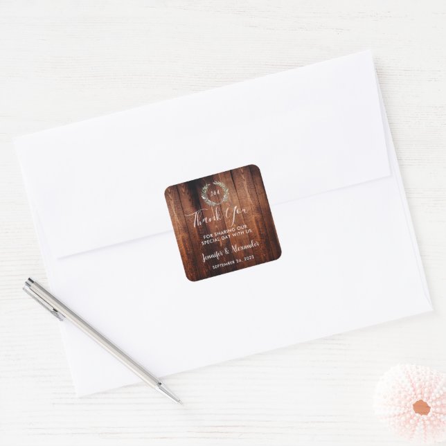 Watercolor leaves rustic wood monogram thank you square sticker (Envelope)