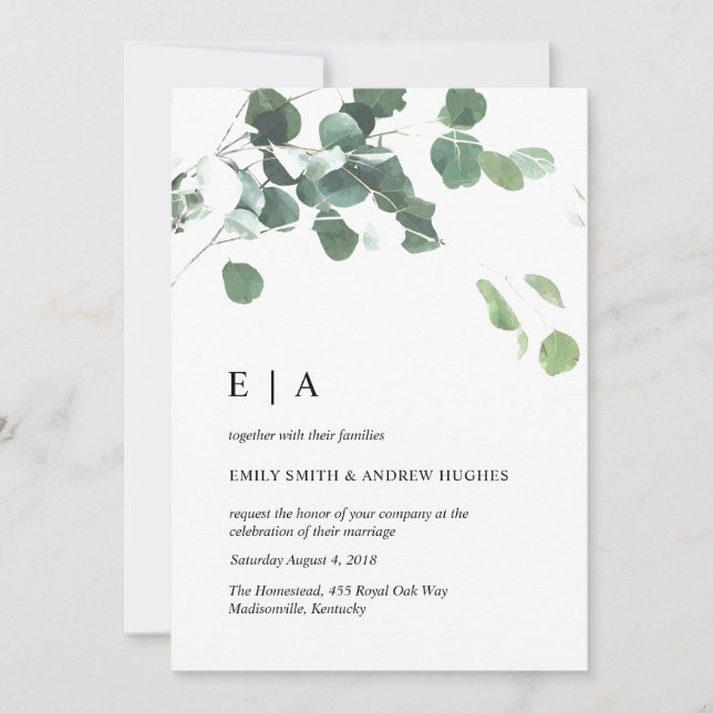 Watercolor leaves wedding invitation (Front)