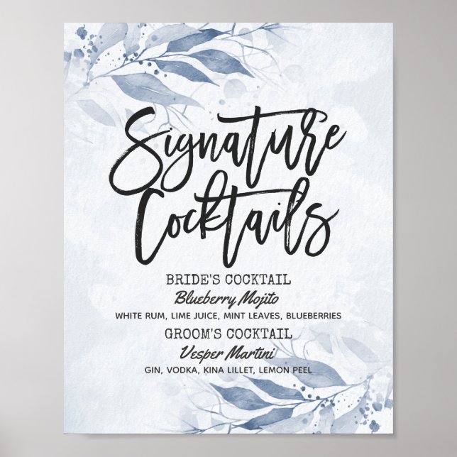 Watercolor Leaves Wedding Signature Drink Menu Poster (Front)